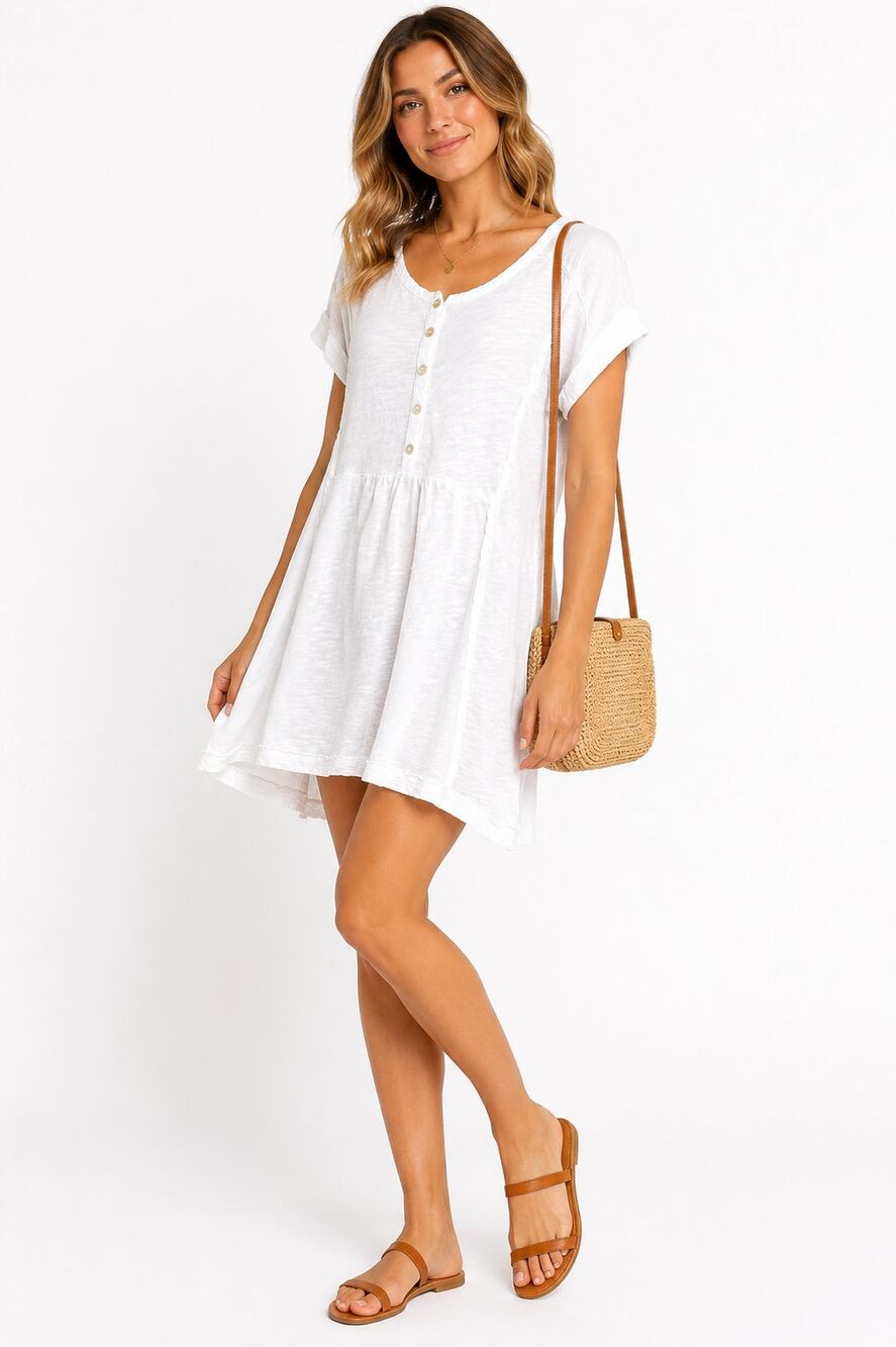 Eri + Ali Anthropologie White Cotton Babydoll Mini Dress Button Front XS